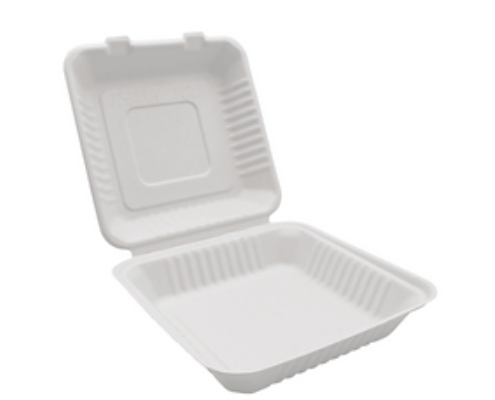 MACH BGHW91, Bagasse Hinged Container, White, PFAS FREE, 9" x 9", 200pc