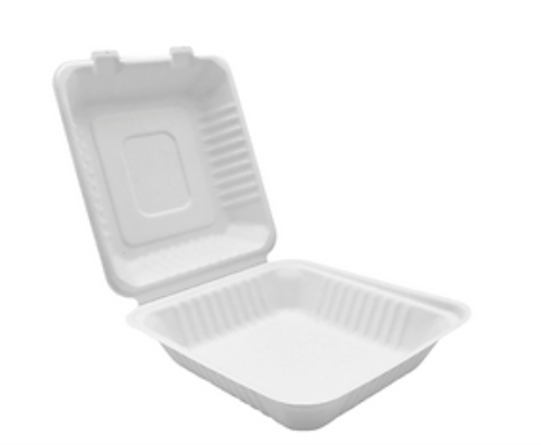 MACH BGHW81, Bagasse Hinged Container, White, PFAS FREE, 8" x 8", 200pc