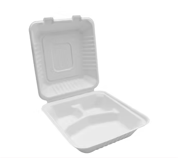 MACH BGHW93, Bagasse Hinged Container, White, PFAS FREE, 9" x 9", 150pc - 3 COMPARTMENT