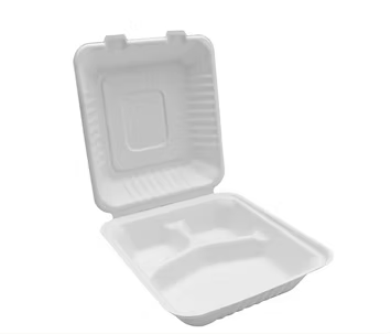 MACH BGHW83, Bagasse Hinged Container, White, PFAS FREE, 8" x 8", 150pc - 3 COMPARTMENT